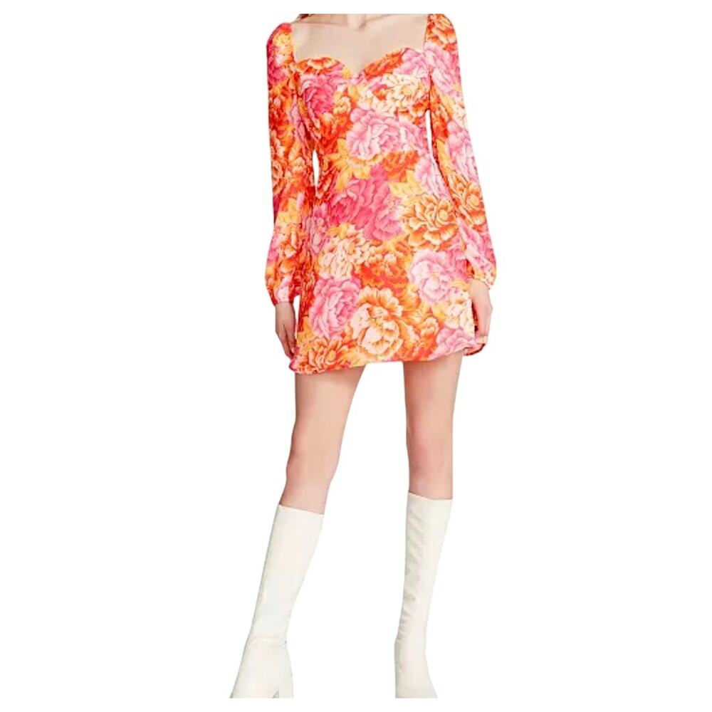 Steve Madden Dress Womens 8 Floral Long Sleeve Chiffon Sweetheart Mini Sundress